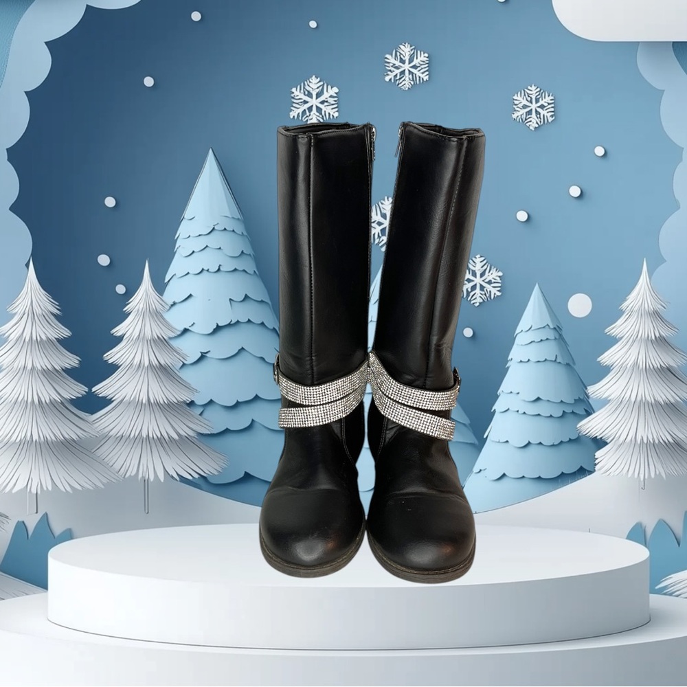 Bebe Black Boots with Silver Rhinestone Straps Girls Size 4 #121229